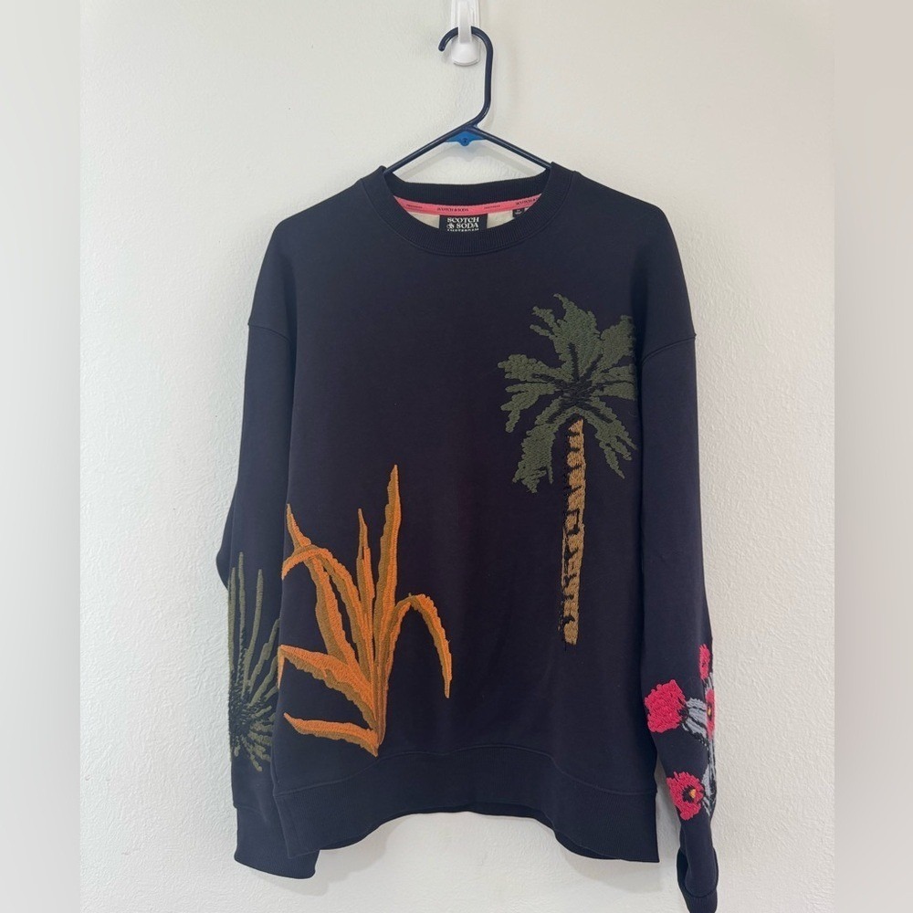 Scotch & Soda Mens Black Chenille Embroidered Palm Tree Desert Sweatshirt Size M